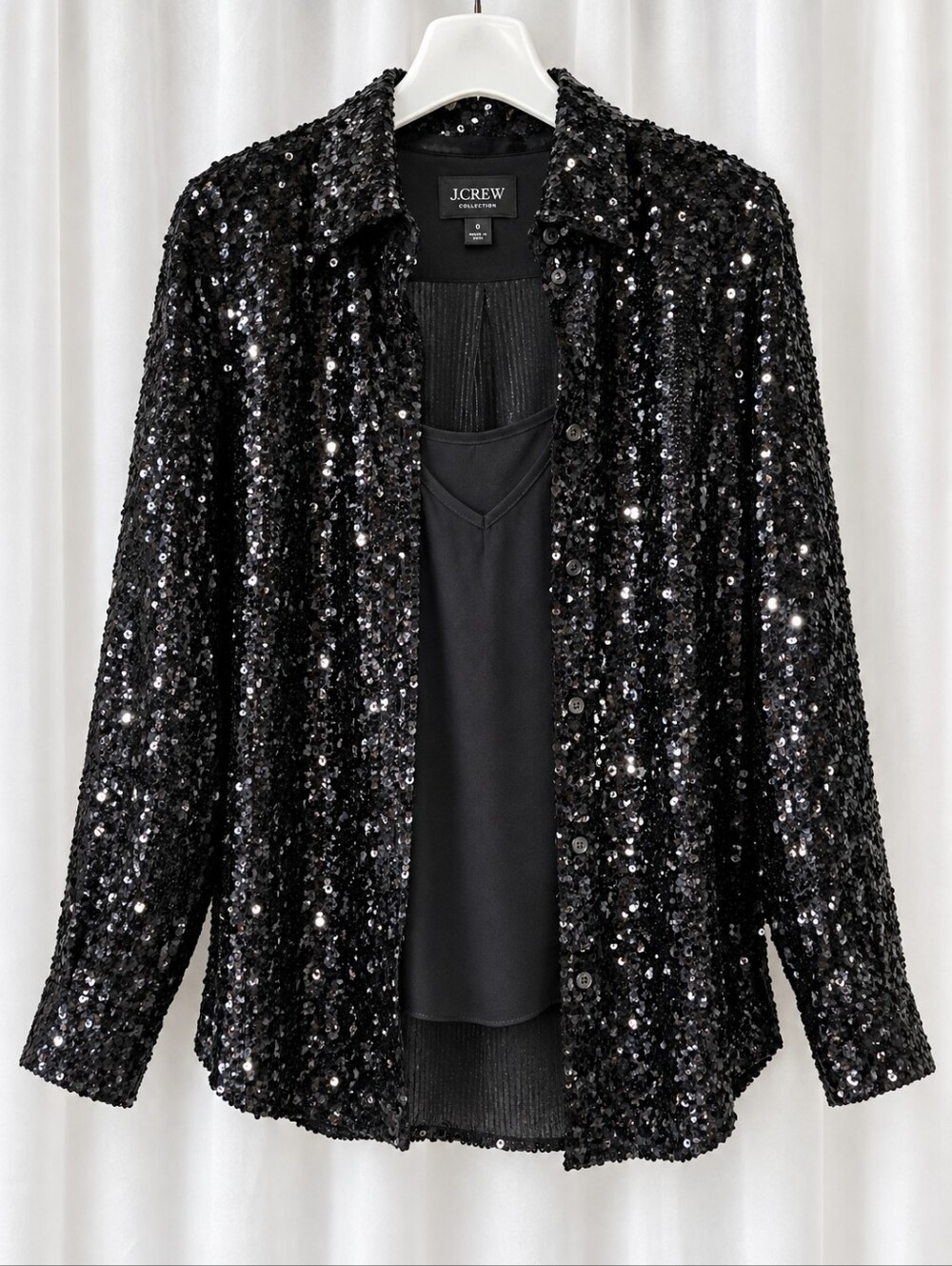J. Crew Collection Black Sequin Long Sleeve Button Front Blouse Camisole 2 Piece